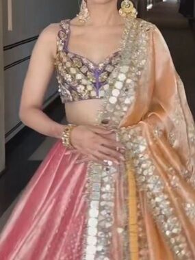 Pink and Peach Mirrorwork Lehenga Set - Women's Festive Wear